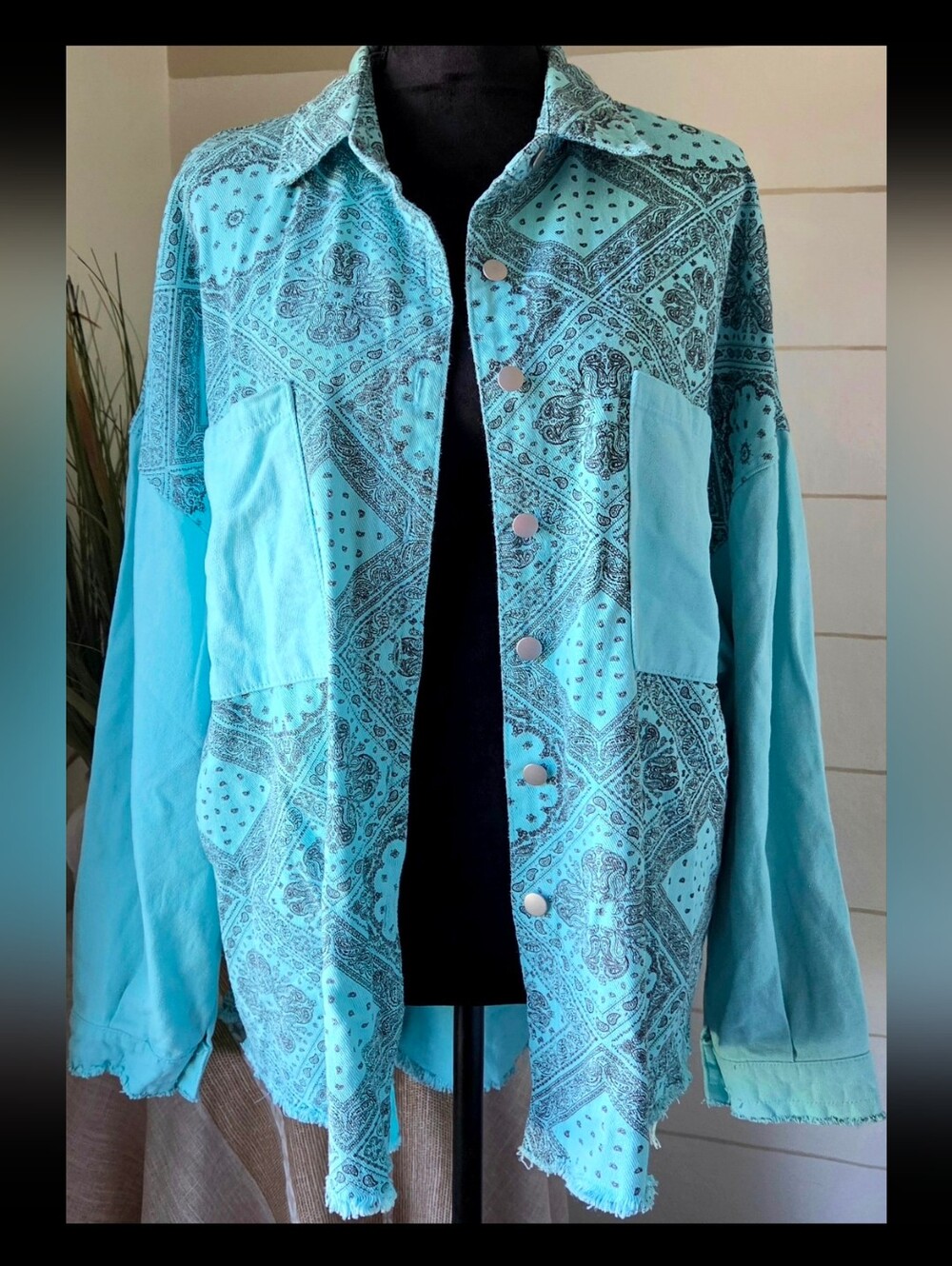 POL Teal Bandana Paisley Patchwork Button Down Light Shacket Western Boho Top